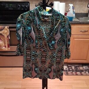 Etcetera Aqua and Black Abstract Blouse 92 % Silk, 8% Spandex,